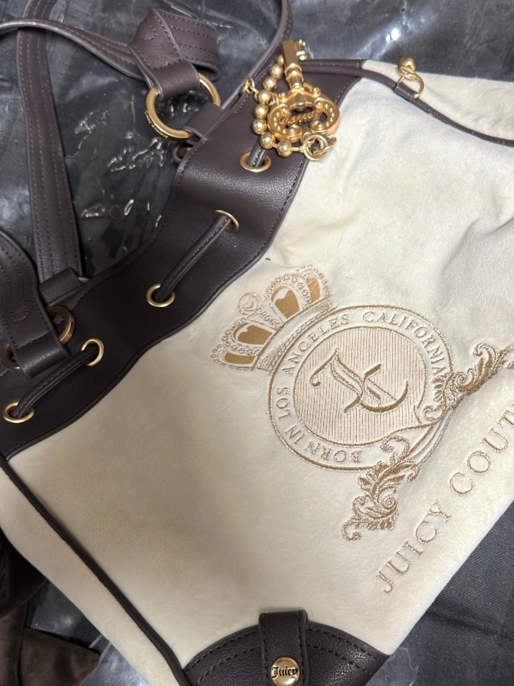 Vintage Juicy Couture Cream Velour Crown Crest Key Charm Tote